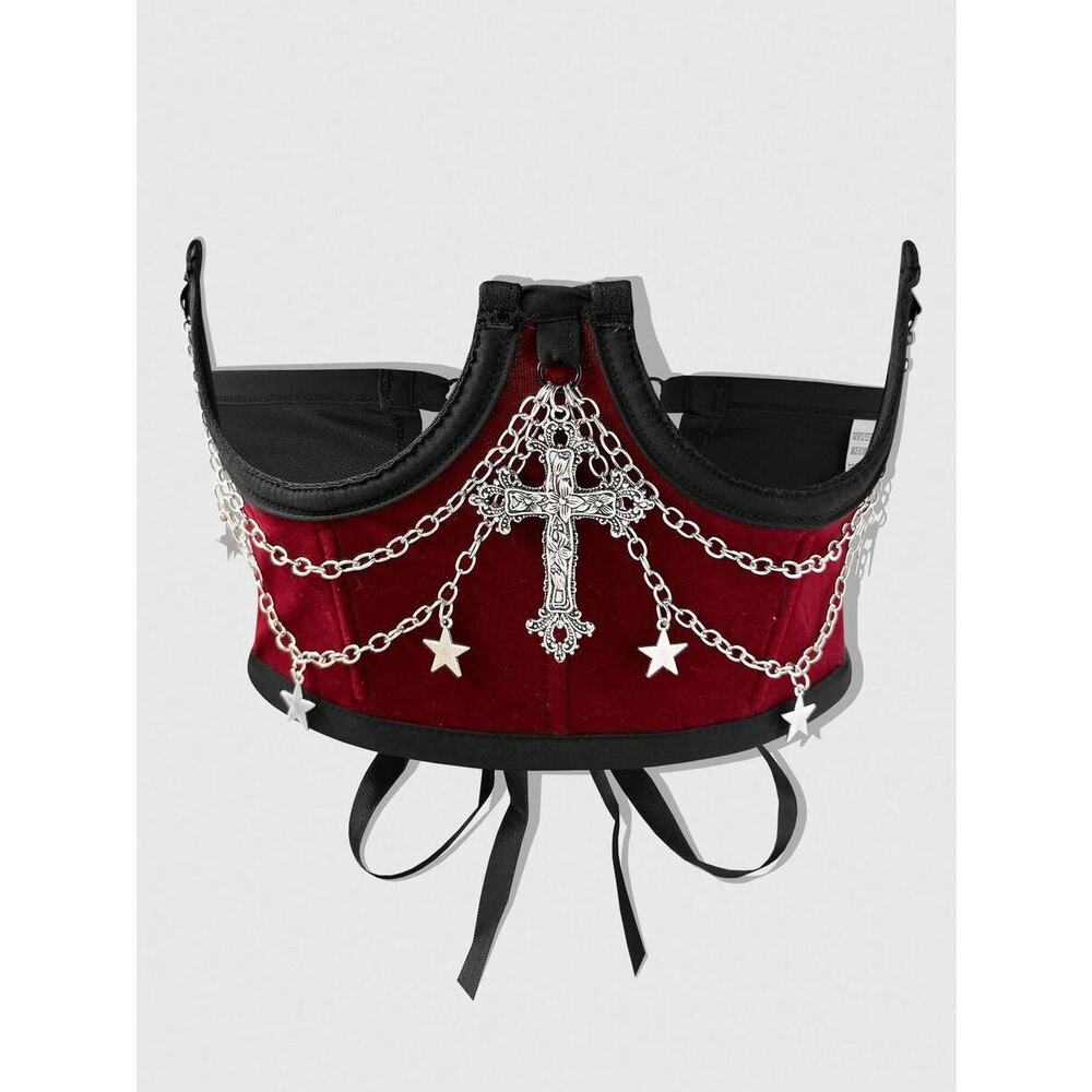 Gothic Red Velvet Corset Waist Belt w/Cross & Star Chain Details – S